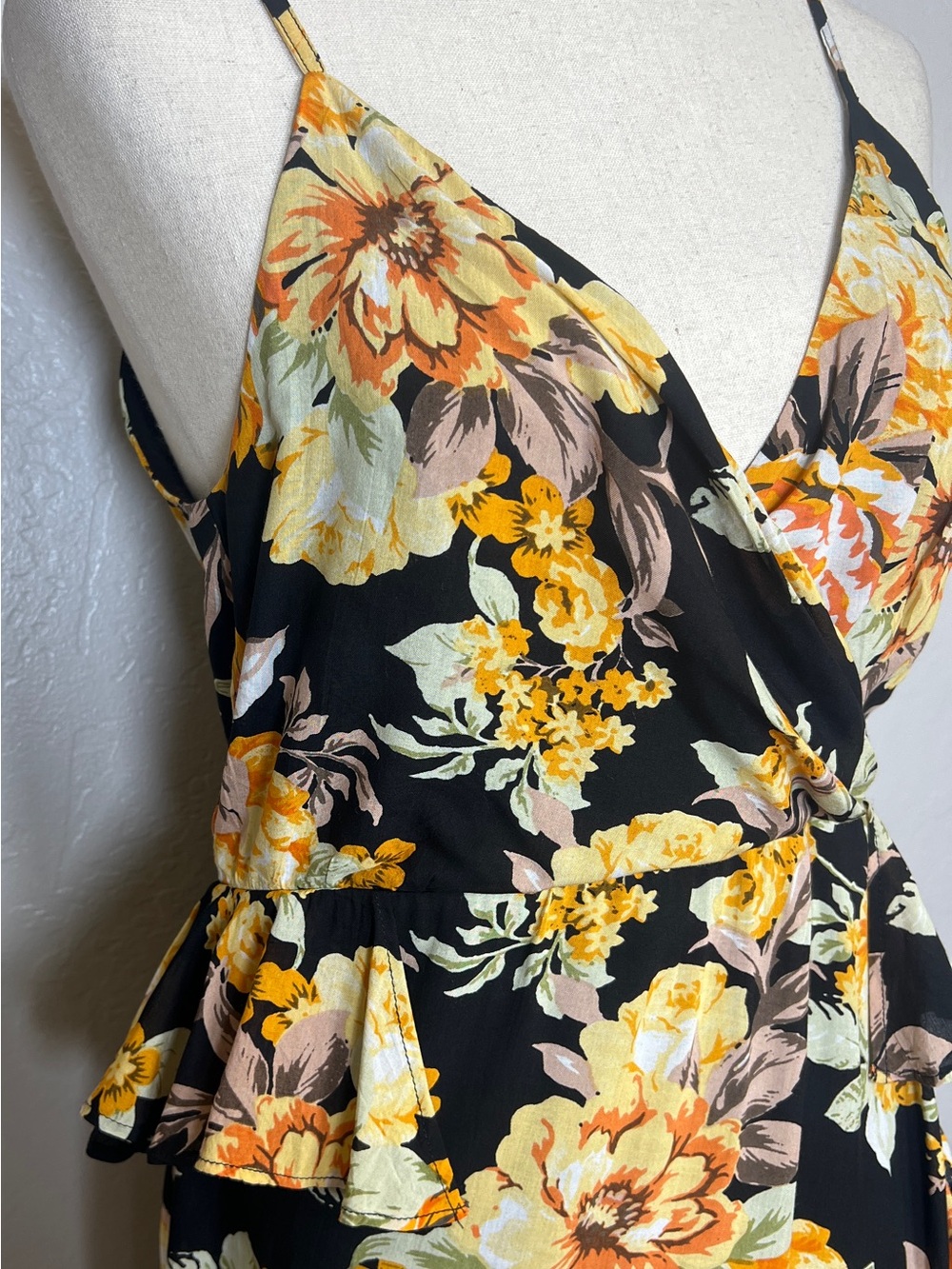 BARDOT Women’s Size S Black Yellow Floral Sleeveless Faux Wrap Peplum Midi Dress - Picture 5 of 13